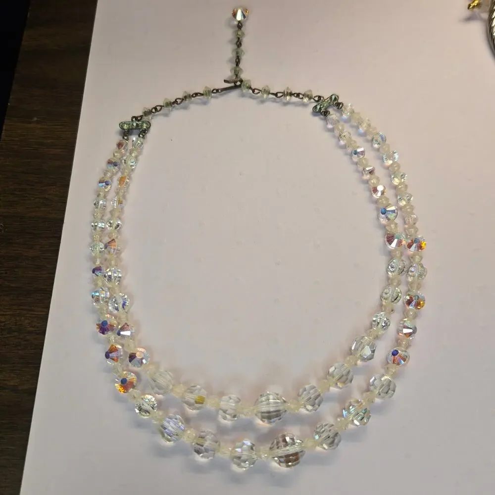 Vintage 1950s Aurora Borealis Crystal Double Strand Necklace Graduated Bead